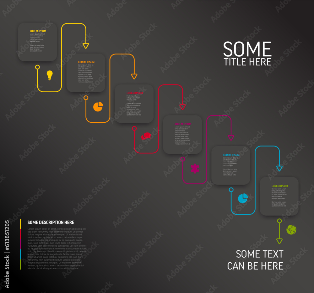 Poster dark six diagonal steps template with white square cards colorful lines icons and description