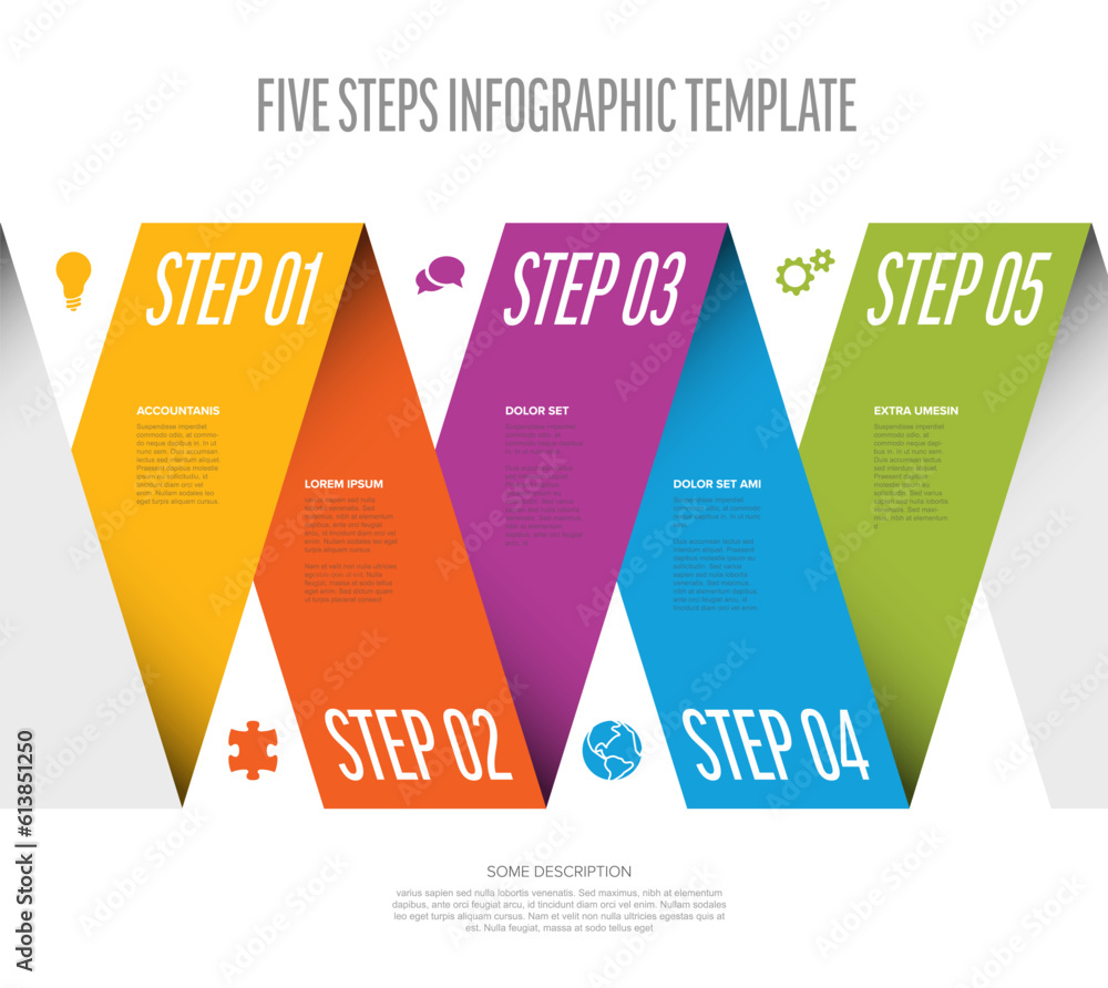 Poster five color steps elements template on folded paper color stripe