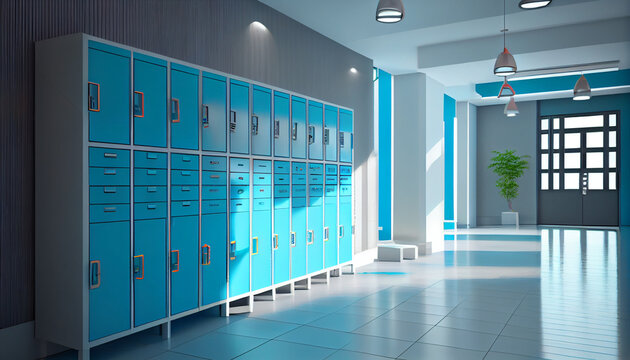 Blue Room with school lockers, Changing room elementary school, Security blue lockers, Changing room in school