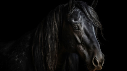 Obraz na płótnie Canvas Portrait of black stallion Horse with long mane. Generative ai.
