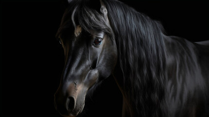 Naklejka na ściany i meble Portrait of black stallion Horse with long mane. Generative ai.