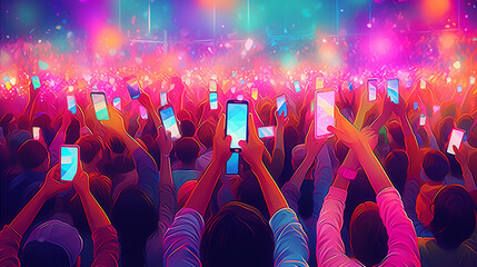 ライブイベント、コンサート、パーティーで、手をつないでスマートフォンをアップする人たちの群れ。上空に明るい照明があるライブイベント会場の大勢の観客、群衆、または参加者GenerativeAI