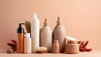 Set of natural cosmetic products on color background. Generative AI