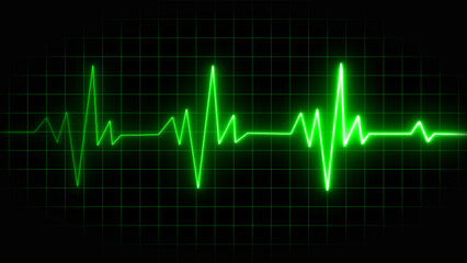 Neon Heart beat pulse in green illustration. Cardiogram cardiograph oscilloscope screen green illustration background - obrazy, fototapety, plakaty