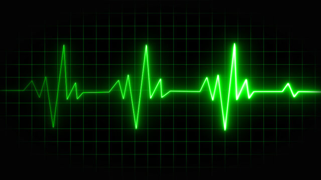 Neon Heart beat pulse in green illustration. Cardiogram cardiograph oscilloscope screen green illustration background