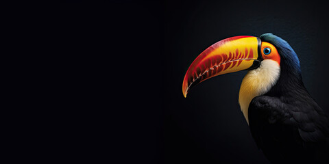 Naklejka premium Toucan bird isolated on black background. Copy space. Generative AI.