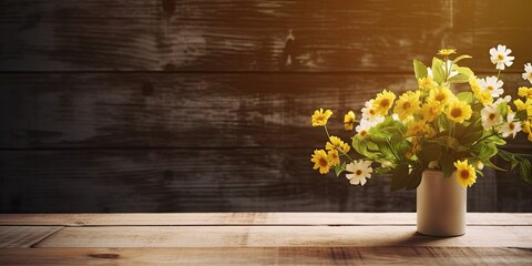 Floral decor. Abstract beautiful spring flower decoration vintage wooden table on blurred background with empty space