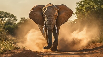 Naklejka na ściany i meble an elephant is walking down a dirt road in the wild. generative ai