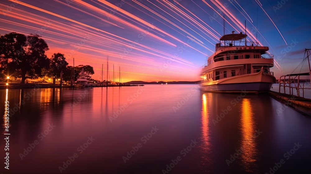Poster a boat is docked at a dock at sunset with a lot of contrails in the sky. generative ai