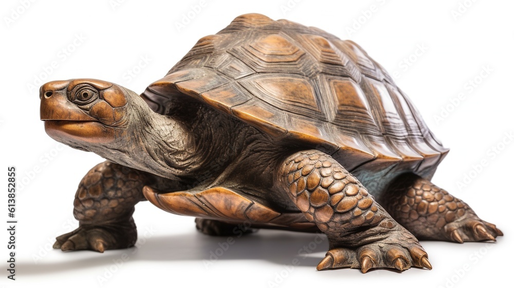 Poster a small turtle statue on a white surface with a white background. generative ai