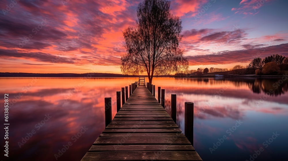Poster a long dock with a tree on the end of it. generative ai