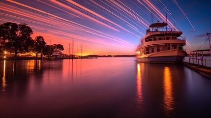  a boat is docked at a dock at sunset with a lot of contrails in the sky.  generative ai - obrazy, fototapety, plakaty