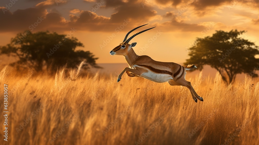 Poster an antelope running through a field of tall grass. generative ai