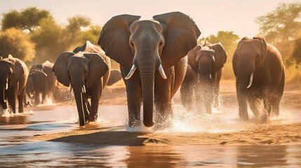 Fototapeta na wymiar a herd of elephants walking across a river next to a forest. generative ai