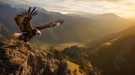 Naklejka na ściany i meble a large bird flying over a lush green hillside covered in mountains. generative ai