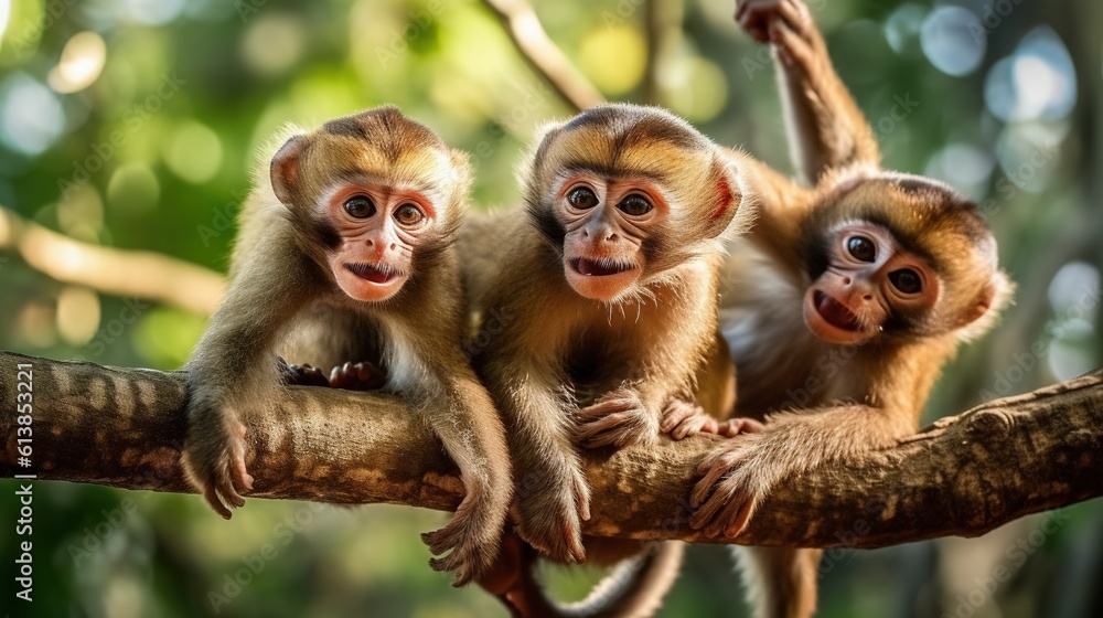 Poster three monkeys sitting on a tree branch in a tree looking at the camera. generative ai