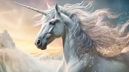 Plakat a white unicorn with a long mane standing in front of a mountain. generative ai