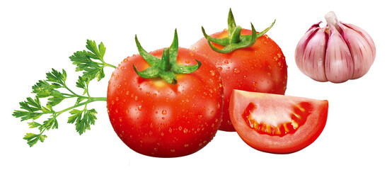 tomates vermelhos maduros acompanhado de alho e salsinha isolado em fundo transparente