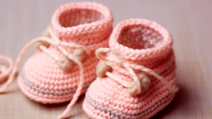 Women's hands BEAUTIFUL close-up, knitting for a newborn, crochet.booties, top view on a soft pink white background,AI generated