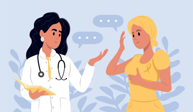 Young smiling female doctor talking to cancer patient woman in headscarf . Yellow awareness ribbon. Awareness of the about Adenosarcoma, bladder cancer, bone cancer, endometriosis, sarcoma.