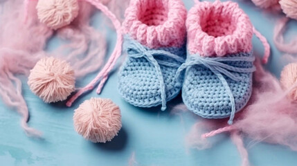 Fototapeta na wymiar knitting for a newborn, crochet. booties, top view on a soft pink blue beige background, tenderness, knitting needles, wool, lace ribbon,AI generated