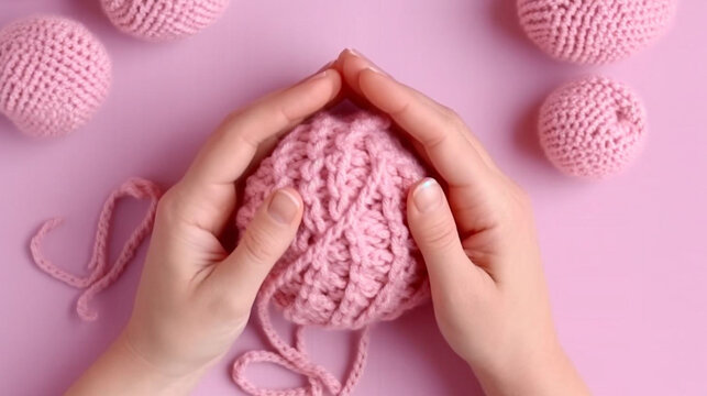 Female hands BEAUTIFUL close-up, knitting for a newborn, crochet.booties, top view on a soft pink blue beige background,tenderness,knitting needles,cotton,twig.AI generated