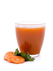 Glass of carrot juice with vegetable slices with vegetables isolated.