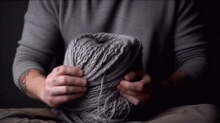 Fototapeta premium men's knitting by hands, on a soft gray background, tenderness, thick thread, in a modern style.AI generated