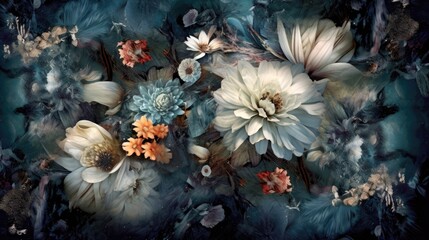Dark moody floral art digital backdrop Generative AI Illustration - obrazy, fototapety, plakaty