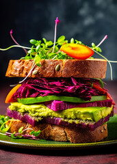 Vegan sandwich with avocado, red cabbage and beetroot. Ai Generative image