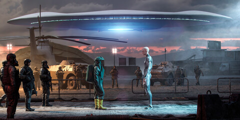 extraterrestrial and humans contact in a military base with a big flying saucer in the unfocused background glowing in a bright light concept art, 3D render, noise and chromatic aberration,