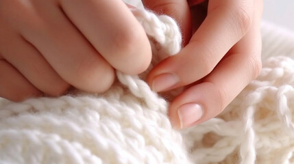 Women's hands BEAUTIFUL close-up, knitting for a newborn, crochet. top view on soft creamy white background.AI generated