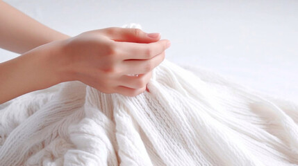 Naklejka premium Women's hands BEAUTIFUL close-up, knitting for a newborn, crochet. top view on soft creamy white background.AI generated