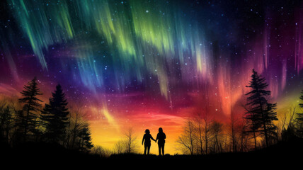 Obraz na płótnie Canvas lgbt couple under northern lights.