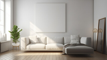 Modern Interior Design with Blank Mockup Frame Poster, 3D Render, 3D Illustration