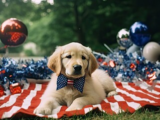 Adorable golden retriever puppy relaxing on blanket during 4th of July celebration - 613856464