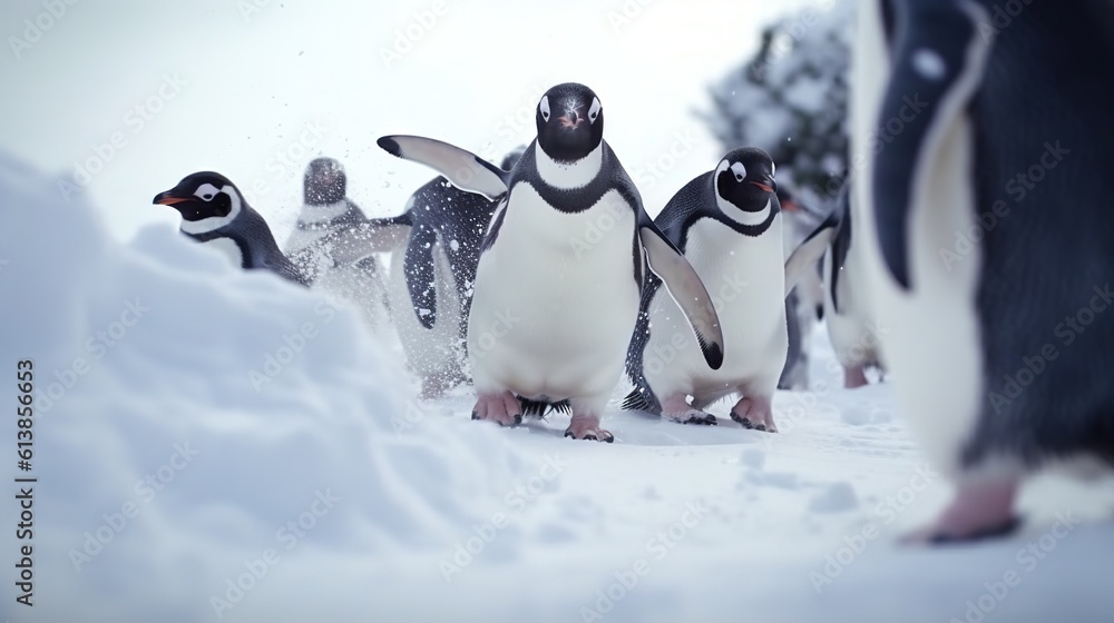 Poster a group of adelie penguins walking across a snow covered field, with trees in the background and a c
