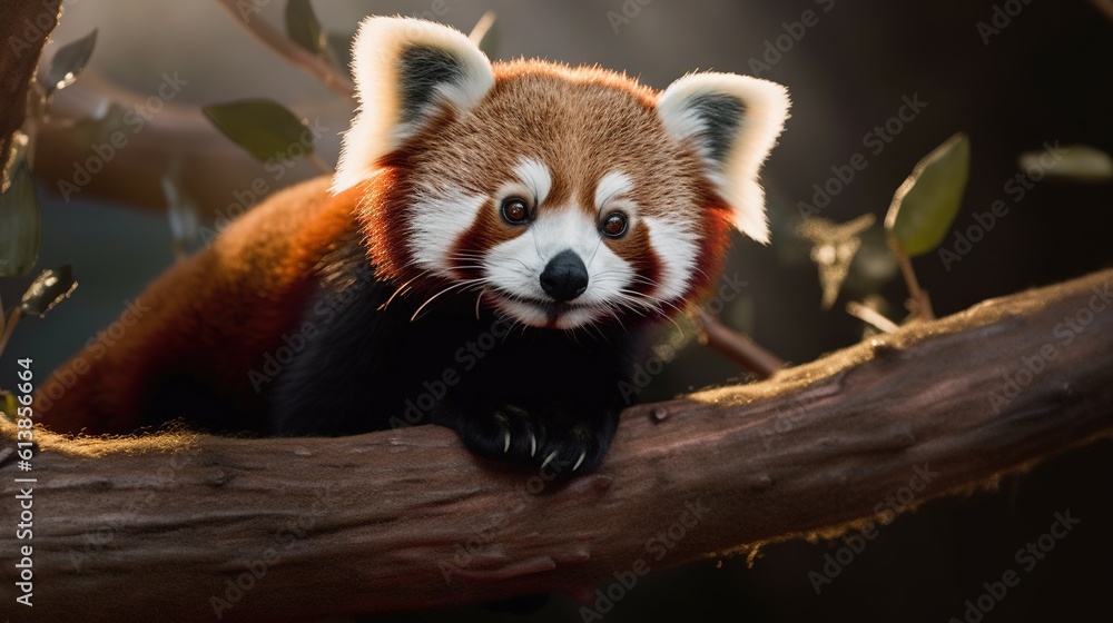 Poster a red panda sitting on a tree branch looking at the camera. generative ai