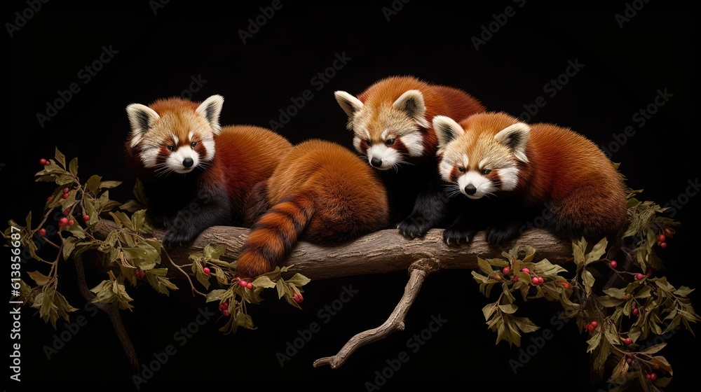 Aufkleber three red pandas are sitting on a branch with berries. generative ai