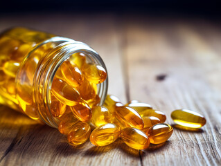 Fish oil capsules on wooden background and texture, vitamin D supplement. ai generative - obrazy, fototapety, plakaty