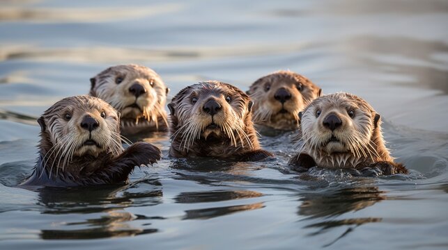  a group of otters swimming in a body of water.  generative ai