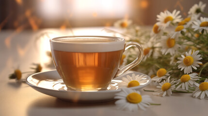Cup of tea with chamomile flower. ai generative