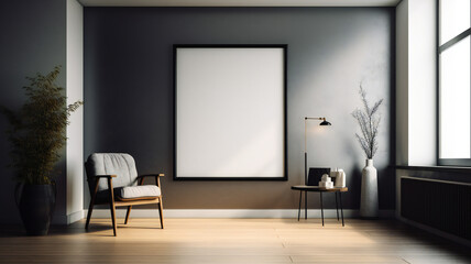 Modern Interior Design with Blank Mockup Frame Poster, 3D Render, 3D Illustration