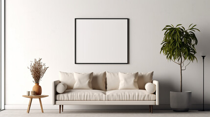 A living room with a couch and a potted plant. Generative AI. Poster canvas mockup.