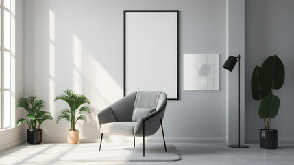 Modern Interior Design with Blank Mockup Frame Poster, 3D Render, 3D Illustration
