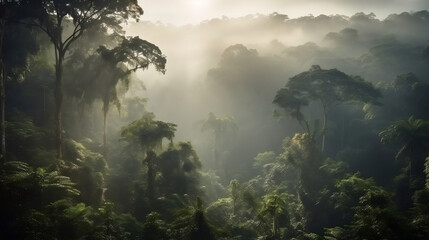 Rainforest landscape with trees and fog - theme conservation, climate change and renewable energy. Generative ai.