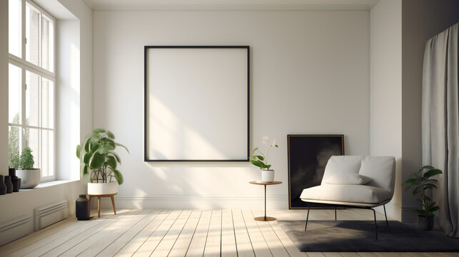 Modern Interior Design with Blank Mockup Frame Poster, 3D Render, 3D Illustration