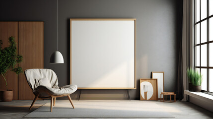 Modern Interior Design with Blank Mockup Frame Poster, 3D Render, 3D Illustration