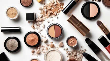 Different luxury makeup products on white background, top view. Generative AI