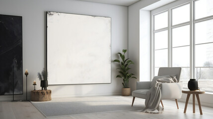 Modern Interior Design with Blank Mockup Frame Poster, 3D Render, 3D Illustration